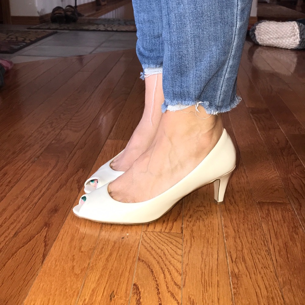 Cream patent east 5th cream peep open toe low heal